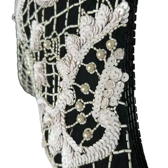 Vintage 80s Beaded Sequined Party Cocktail Mini Dress Carina Black White M Glam